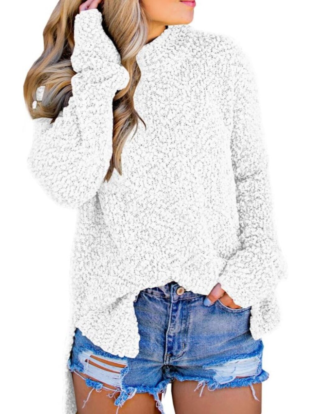 Womens Fuzzy Knitted Sweater Sherpa Fleece Side Slit Full Sleeve Jumper Outwears